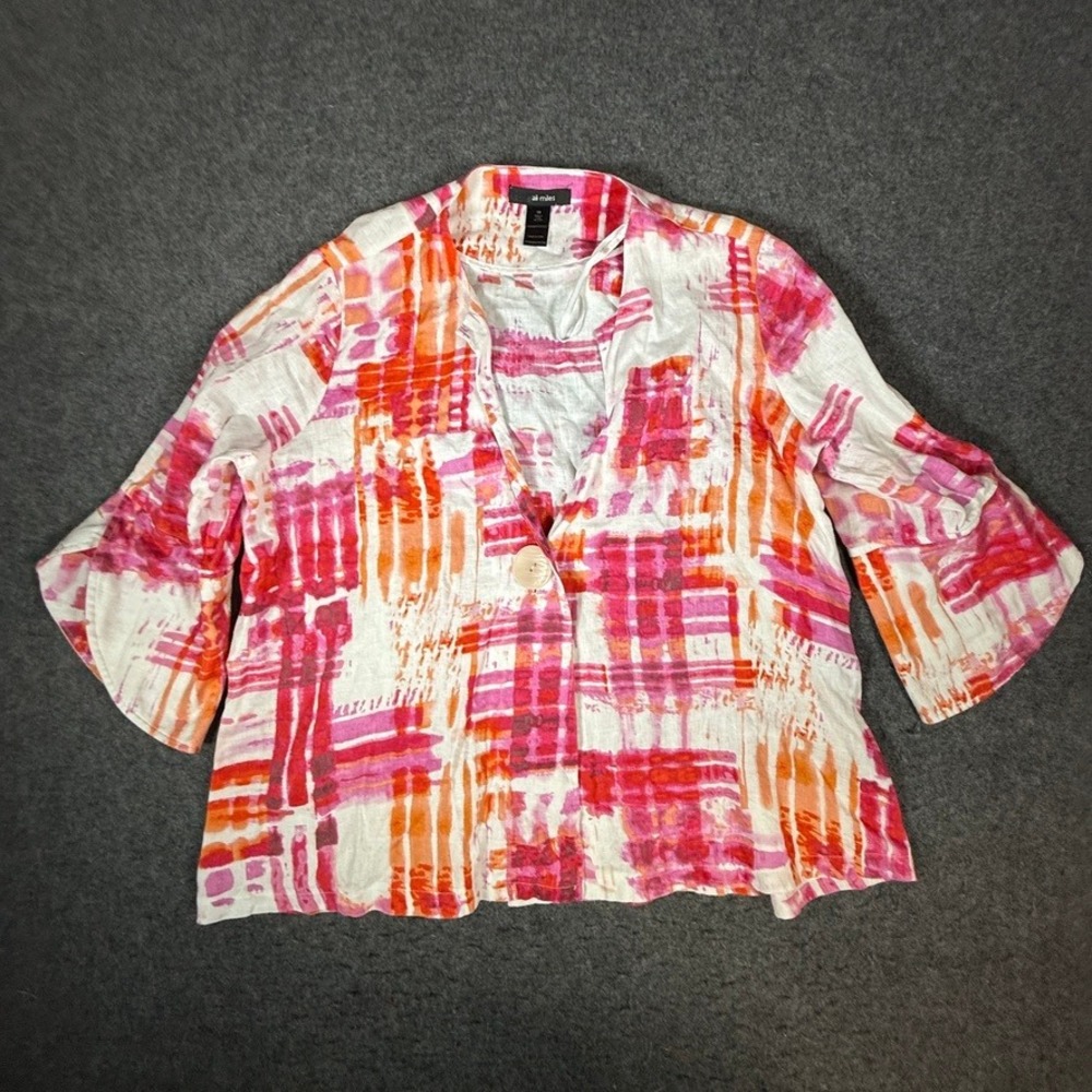 ALI MILES 1X Plus Size Pink Multi Linen‎ Button Blazer Jacket Tulip Sleeve